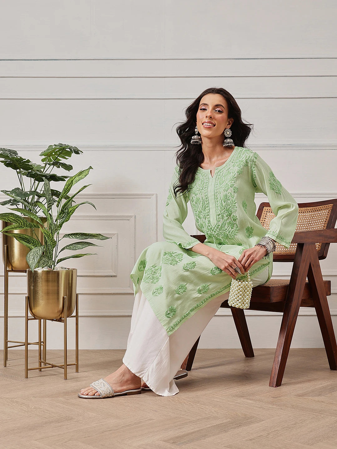 Ada Hand Embroidered Green Chanderi Lucknowi Chikankari Straight Kurta A411781