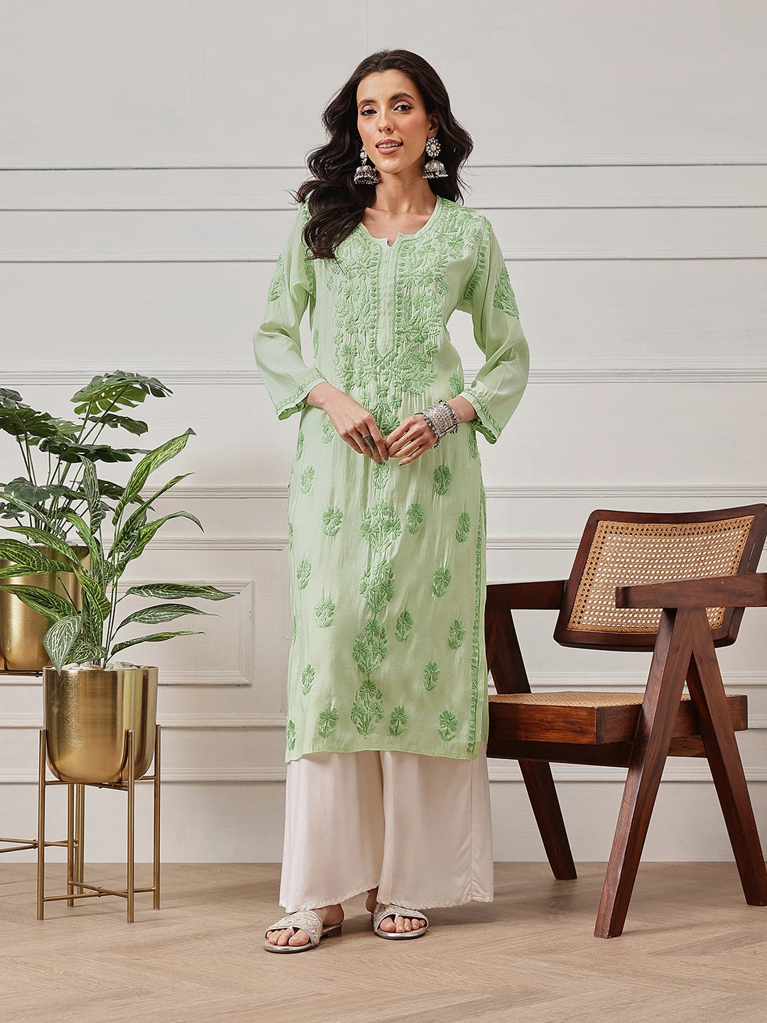 Ada Hand Embroidered Green Chanderi Lucknowi Chikankari Straight Kurta A411781