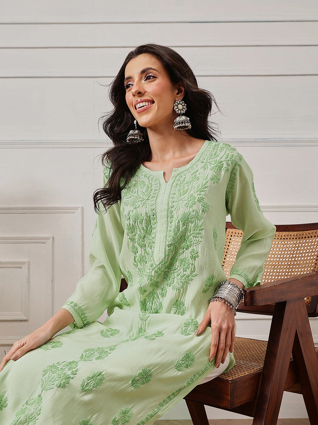 Ada Hand Embroidered Green Chanderi Lucknowi Chikankari Straight Kurta A411781