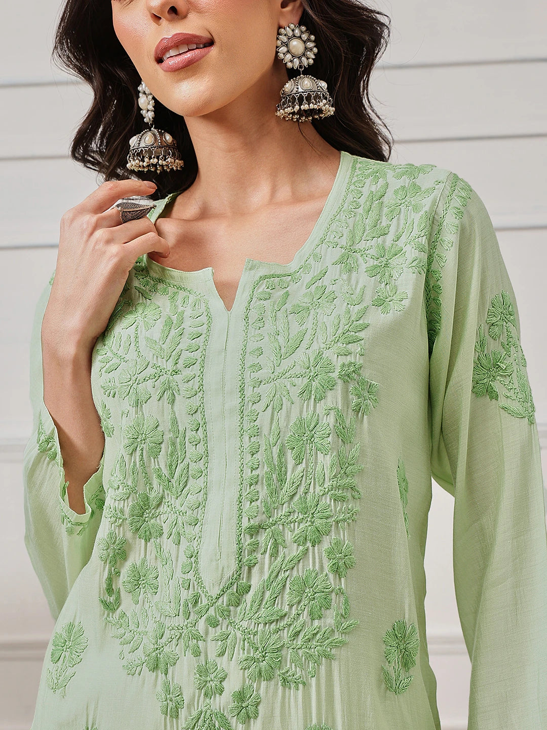 Ada Hand Embroidered Green Chanderi Lucknowi Chikankari Straight Kurta A411781