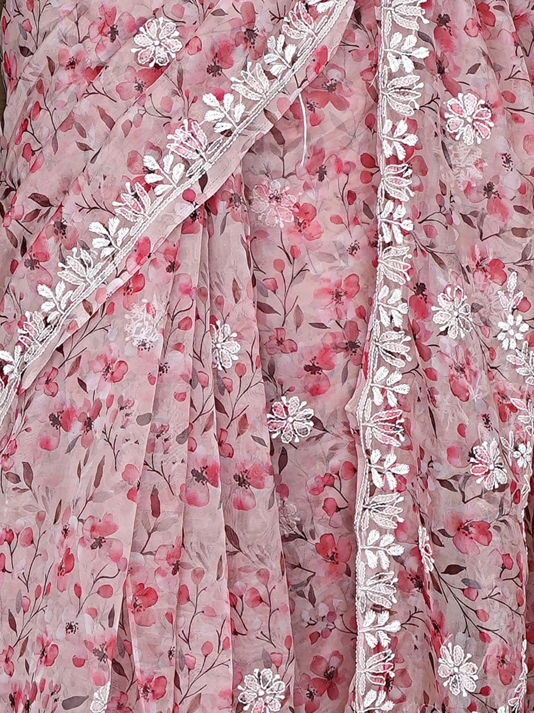 Ada Hand Embroidered Floral Printed Dusty Peach Organza Lucknowi Chikankari Saree and Blouse 01A898079