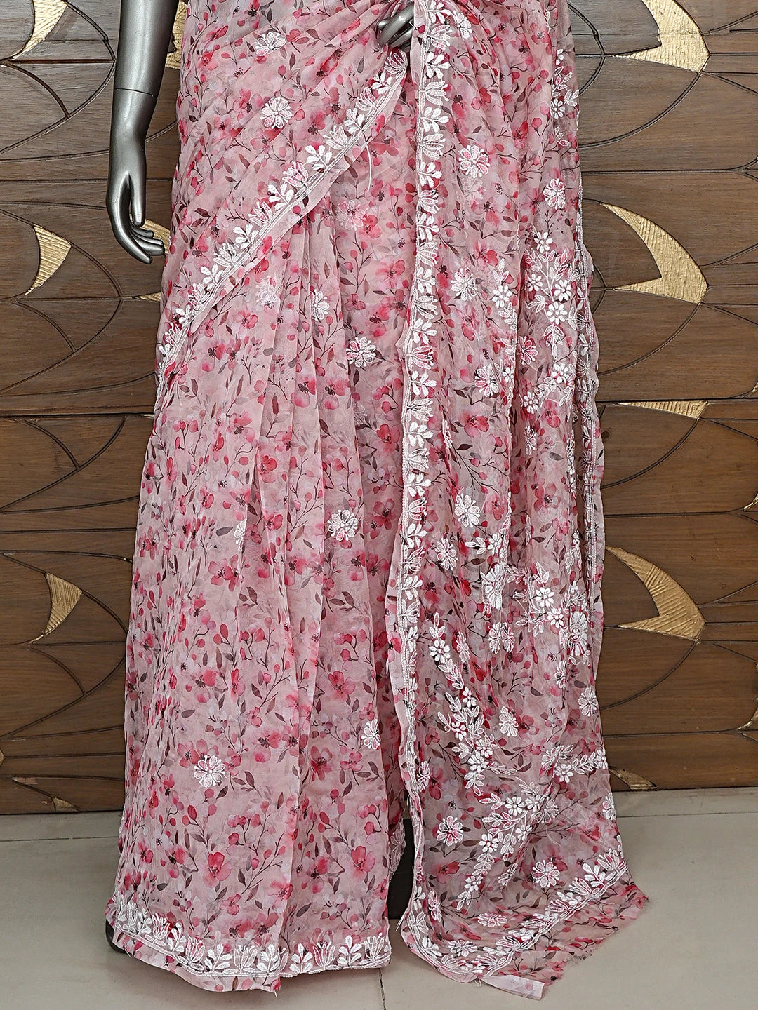 Ada Hand Embroidered Floral Printed Dusty Peach Organza Lucknowi Chikankari Saree and Blouse 01A898079