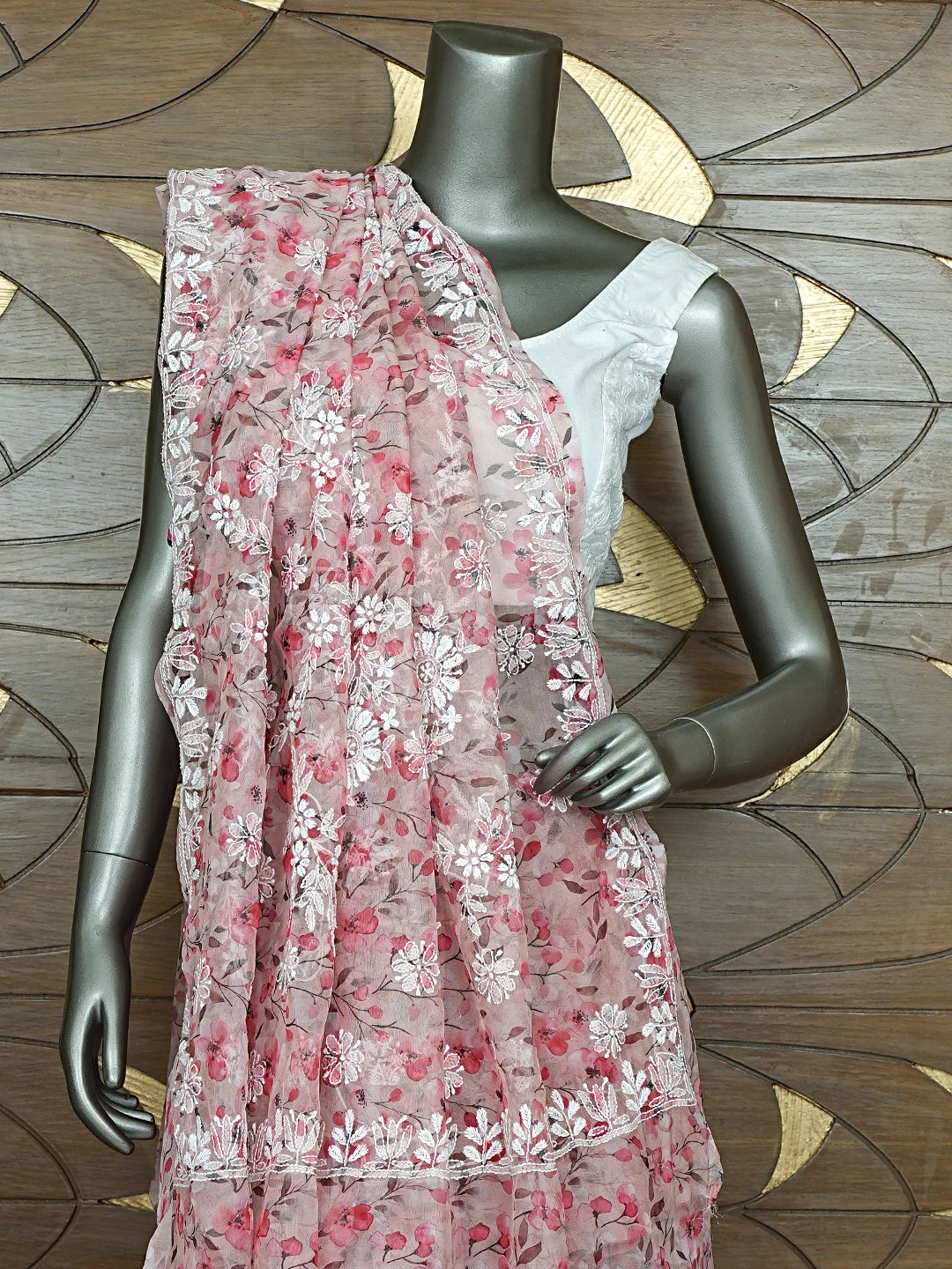 Ada Hand Embroidered Floral Printed Dusty Peach Organza Lucknowi Chikankari Saree and Blouse 01A898079