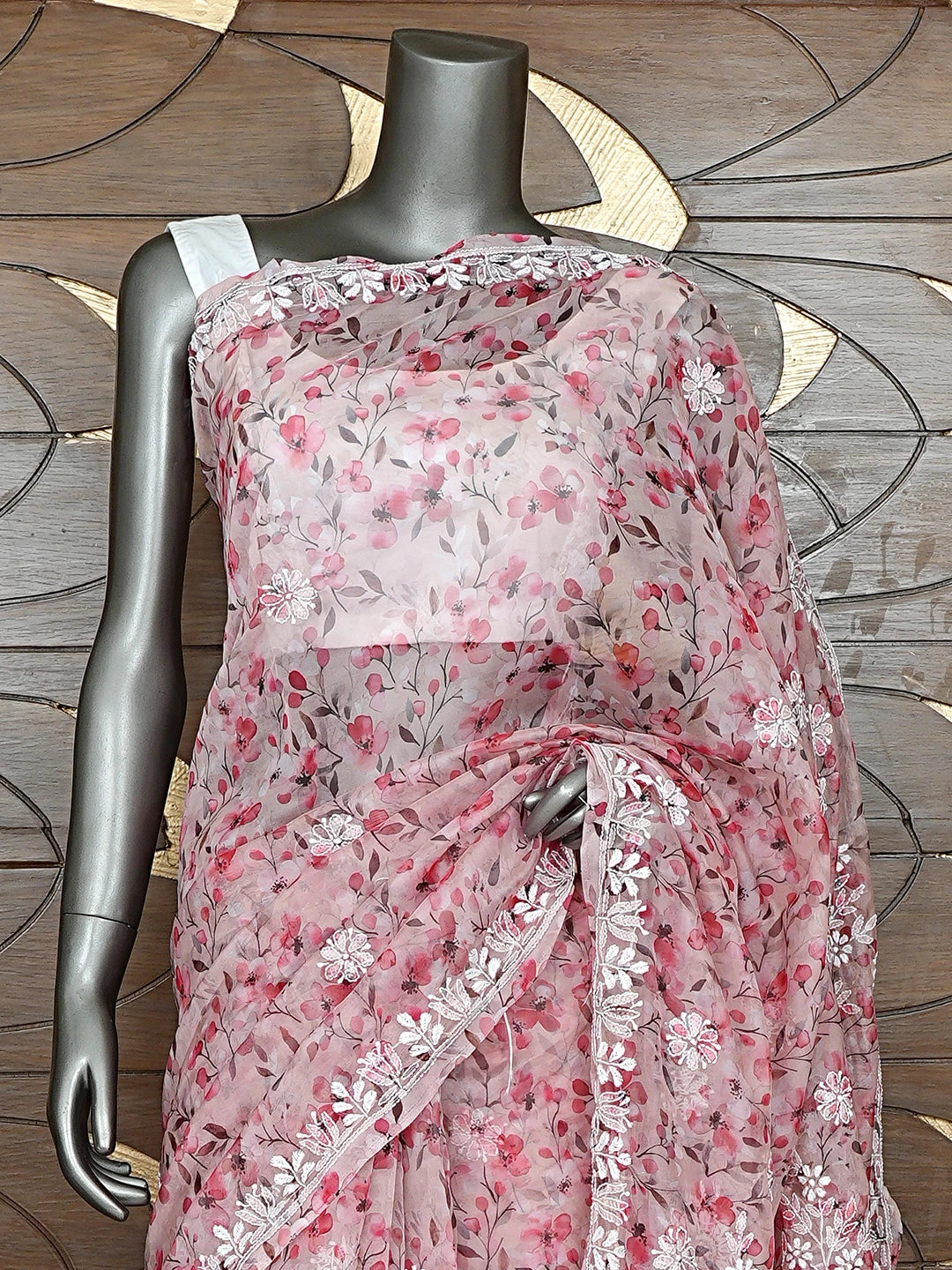 Ada Hand Embroidered Floral Printed Dusty Peach Organza Lucknowi Chikankari Saree and Blouse 01A898079