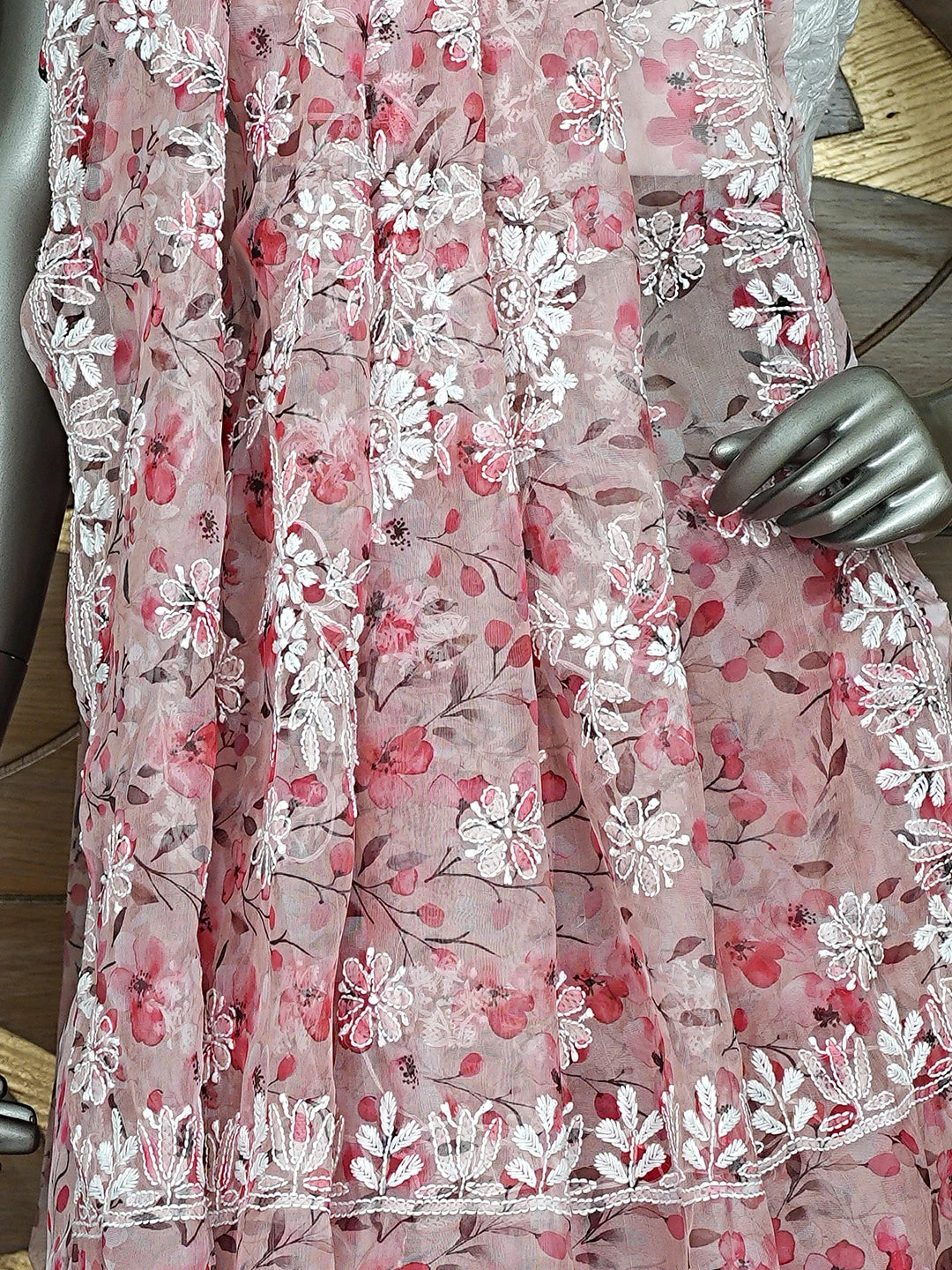 Ada Hand Embroidered Floral Printed Dusty Peach Organza Lucknowi Chikankari Saree and Blouse 01A898079