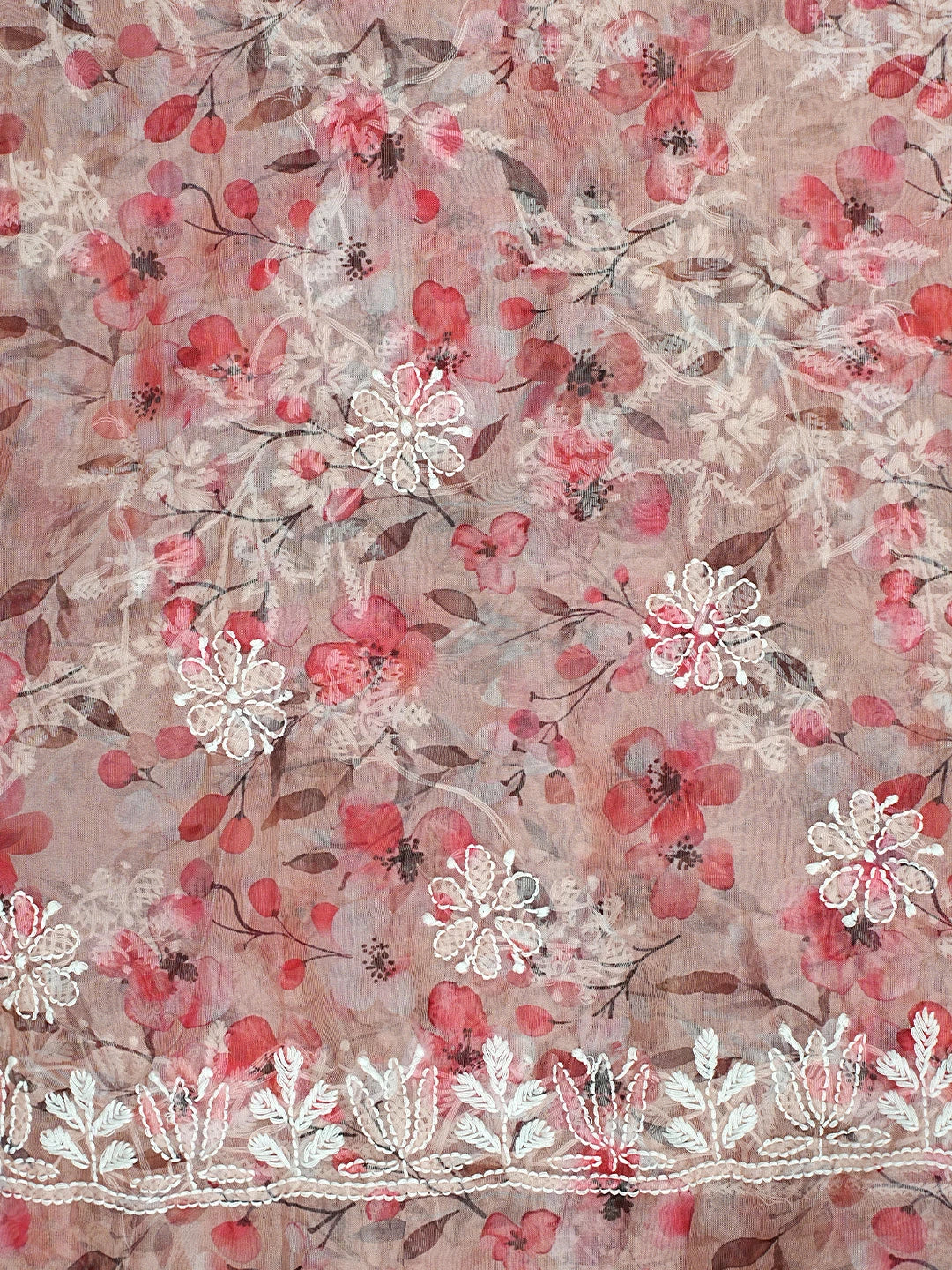 Ada Hand Embroidered Floral Printed Dusty Peach Organza Lucknowi Chikankari Saree and Blouse 01A898079