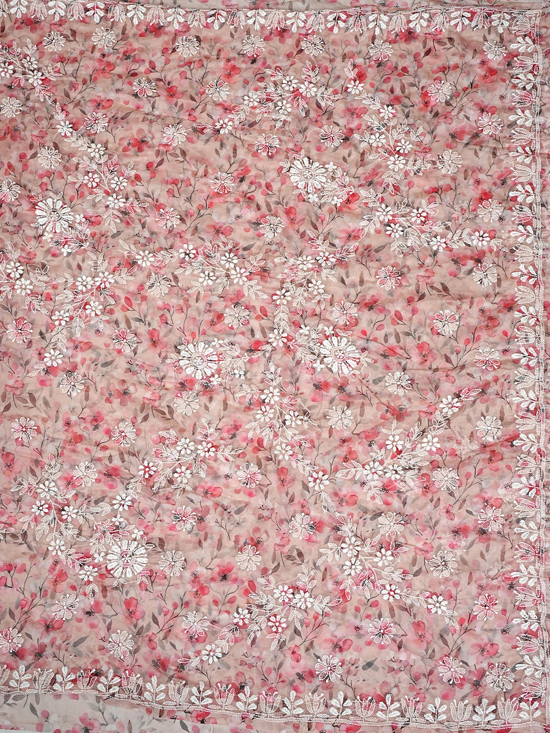 Ada Hand Embroidered Floral Printed Dusty Peach Organza Lucknowi Chikankari Saree and Blouse 01A898079