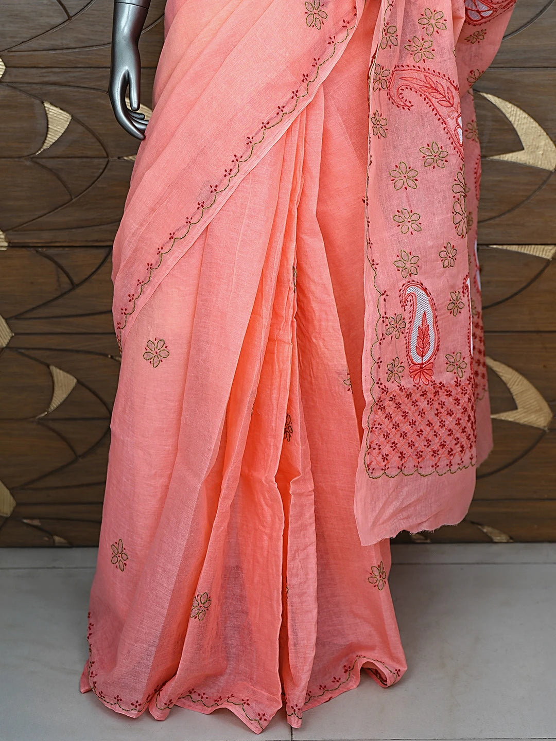 Ada Hand Embroidered Carrot Pink Cotton Lucknowi Chikankari Saree and Blouse 01A891798