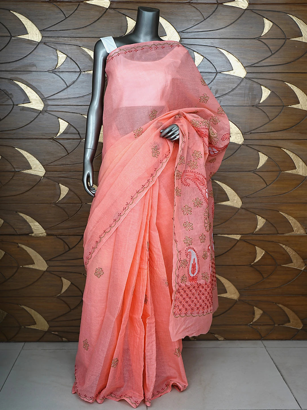 Ada Hand Embroidered Carrot Pink Cotton Lucknowi Chikankari Saree and Blouse 01A891798