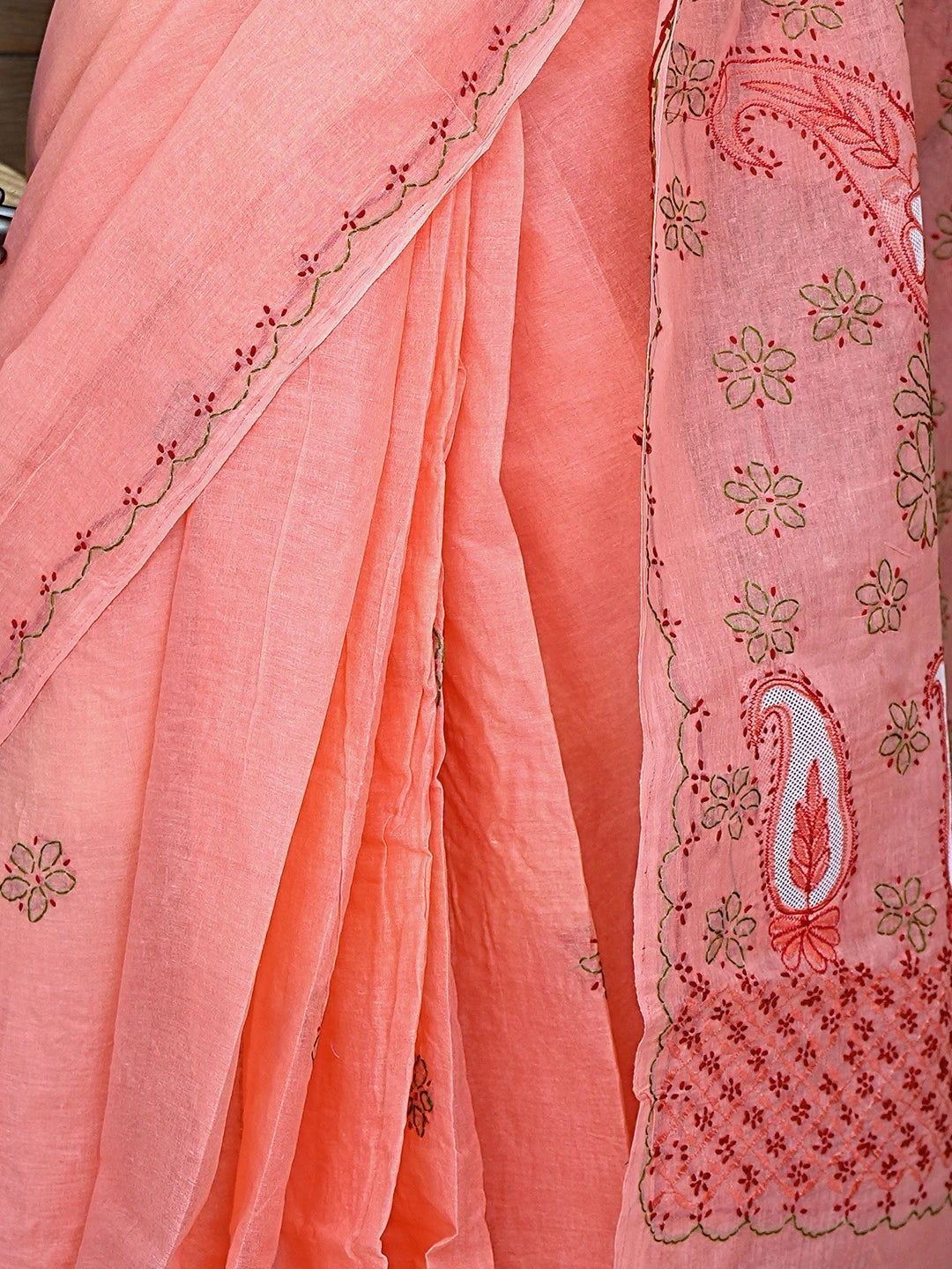 Ada Hand Embroidered Carrot Pink Cotton Lucknowi Chikankari Saree and Blouse 01A891798