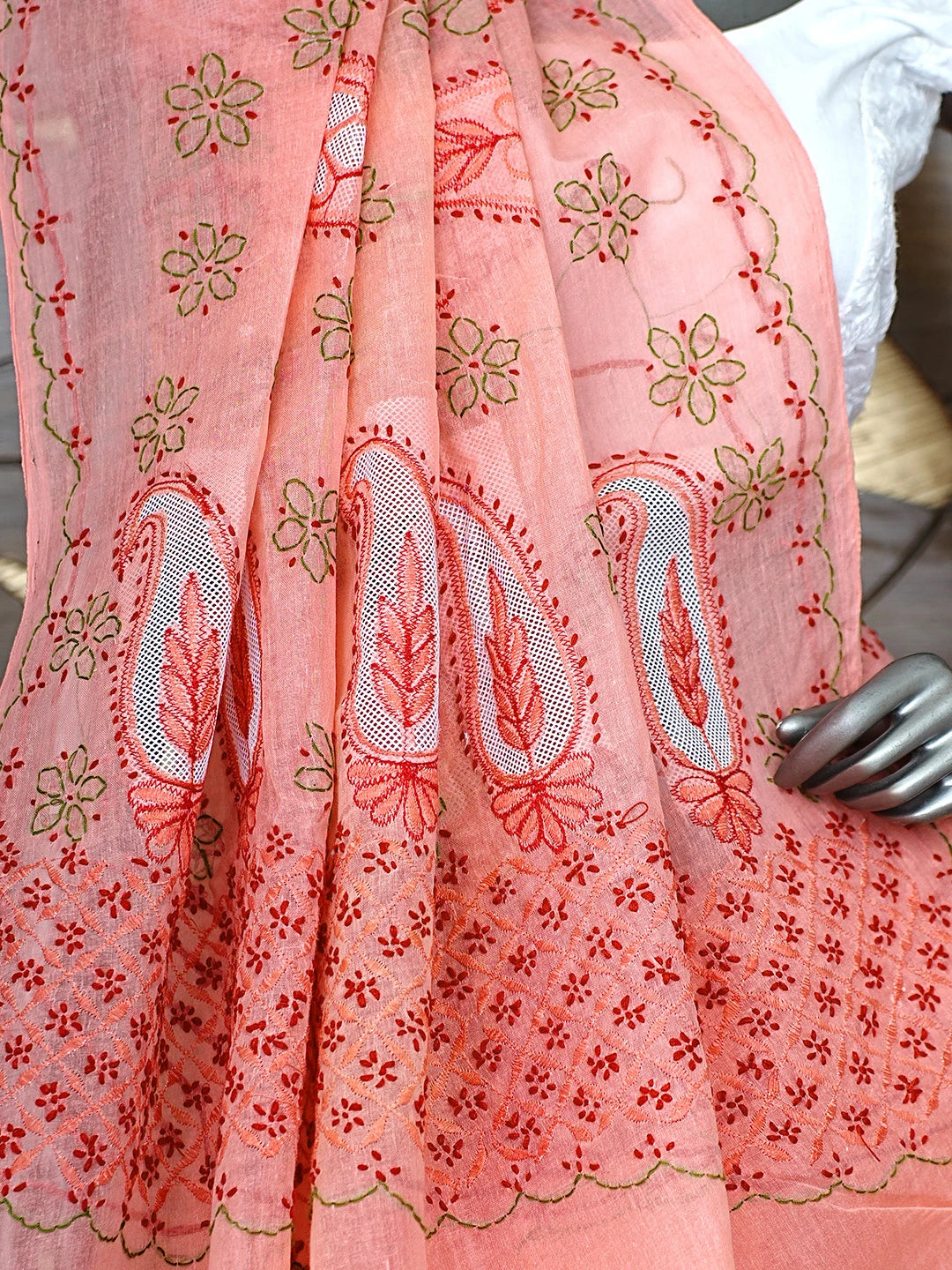 Ada Hand Embroidered Carrot Pink Cotton Lucknowi Chikankari Saree and Blouse 01A891798