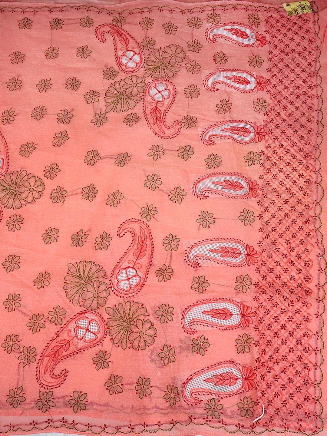 Ada Hand Embroidered Carrot Pink Cotton Lucknowi Chikankari Saree and Blouse 01A891798