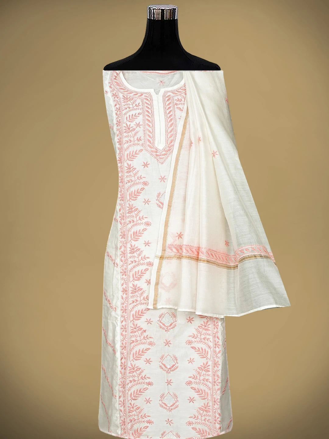 Ada Hand Embroidered Whte Ivory Cream Chanderi Lucknowi Chikankari Semi-Stitched Kurta Dupatta Set 01A896734