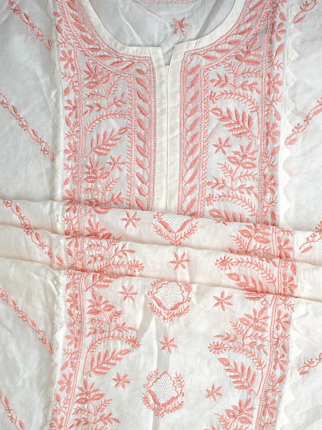 Ada Hand Embroidered Whte Ivory Cream Chanderi Lucknowi Chikankari Semi-Stitched Kurta Dupatta Set 01A896734