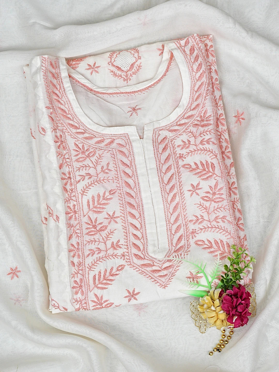 Ada Hand Embroidered Whte Ivory Cream Chanderi Lucknowi Chikankari Semi-Stitched Kurta Dupatta Set 01A896734