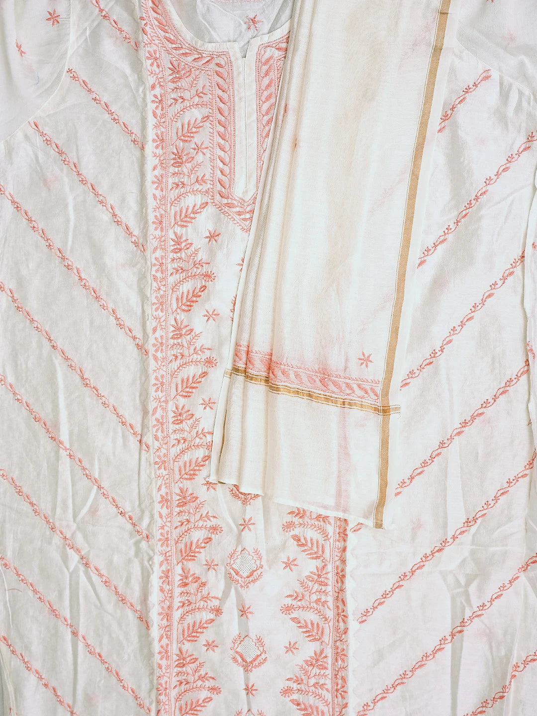 Ada Hand Embroidered Whte Ivory Cream Chanderi Lucknowi Chikankari Semi-Stitched Kurta Dupatta Set 01A896734