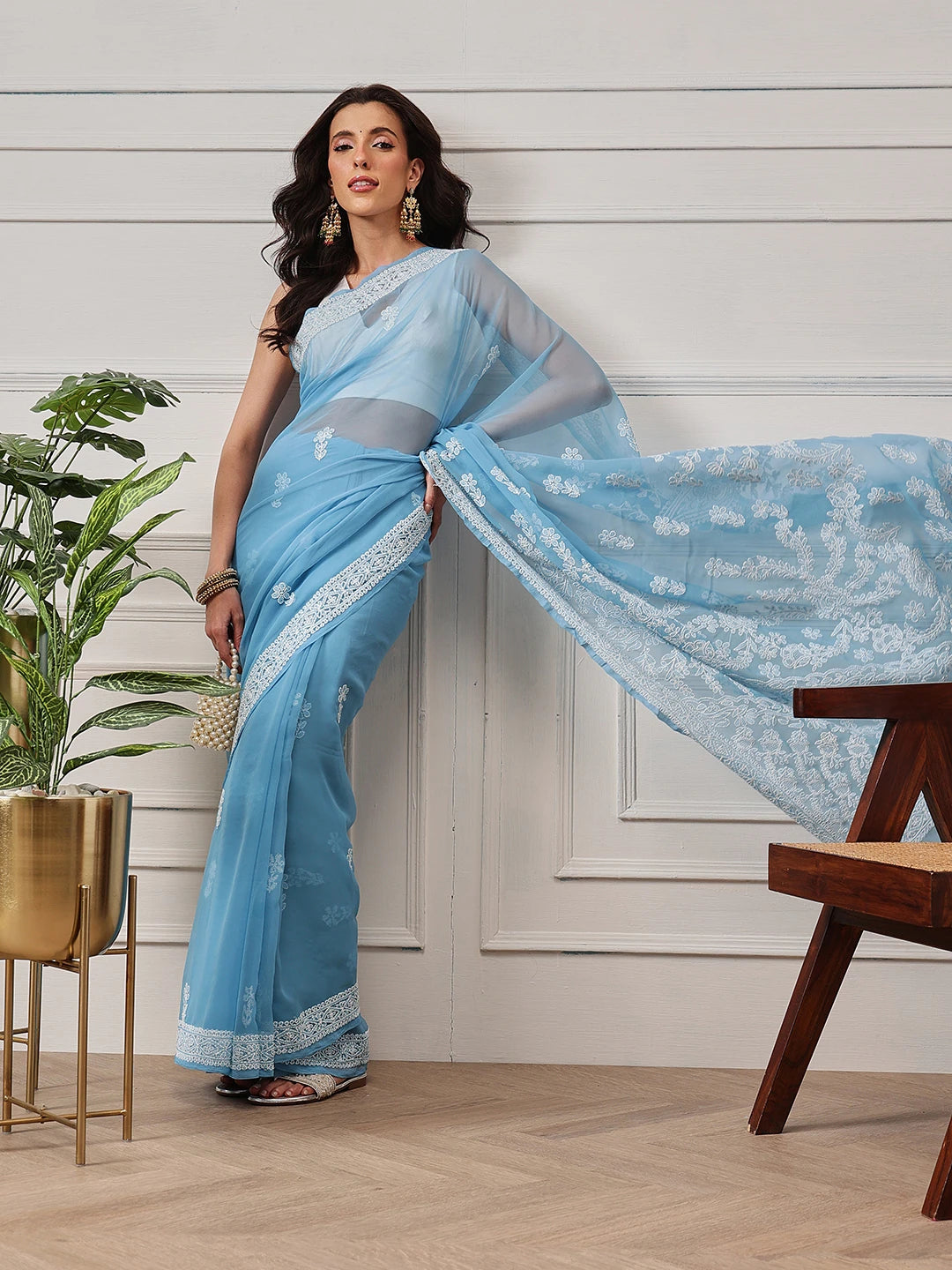 Ada Hand Embroidered Blue Georgette Lucknowi Chikankari Saree and Blouse A311387