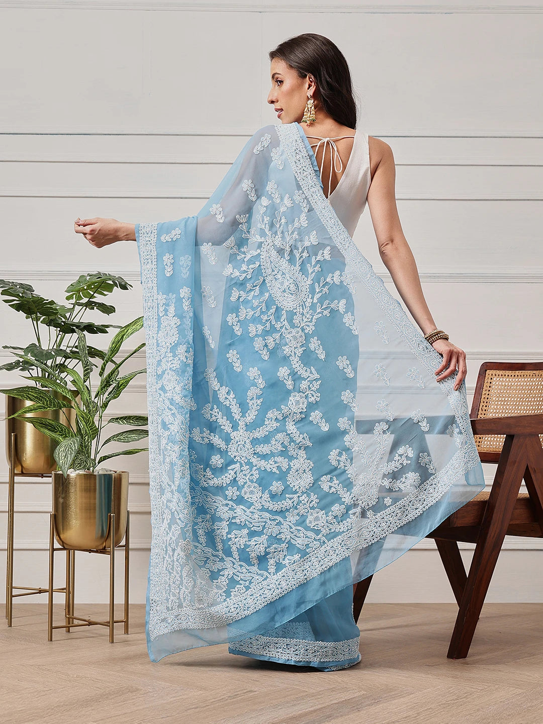 Ada Hand Embroidered Blue Georgette Lucknowi Chikankari Saree and Blouse A311387