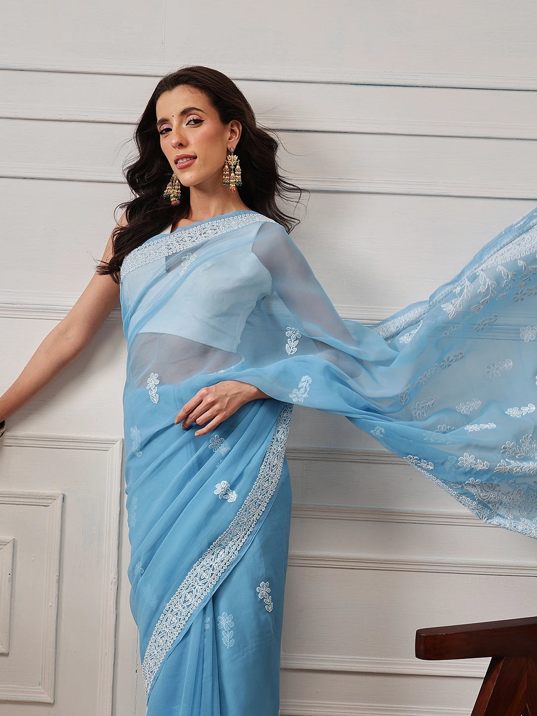 Ada Hand Embroidered Blue Georgette Lucknowi Chikankari Saree and Blouse A311387
