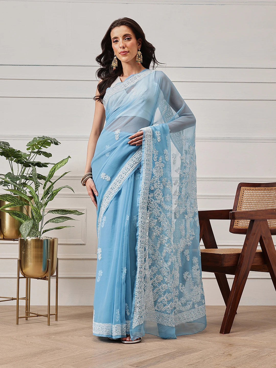 Ada Hand Embroidered Blue Georgette Lucknowi Chikankari Saree and Blouse A311387