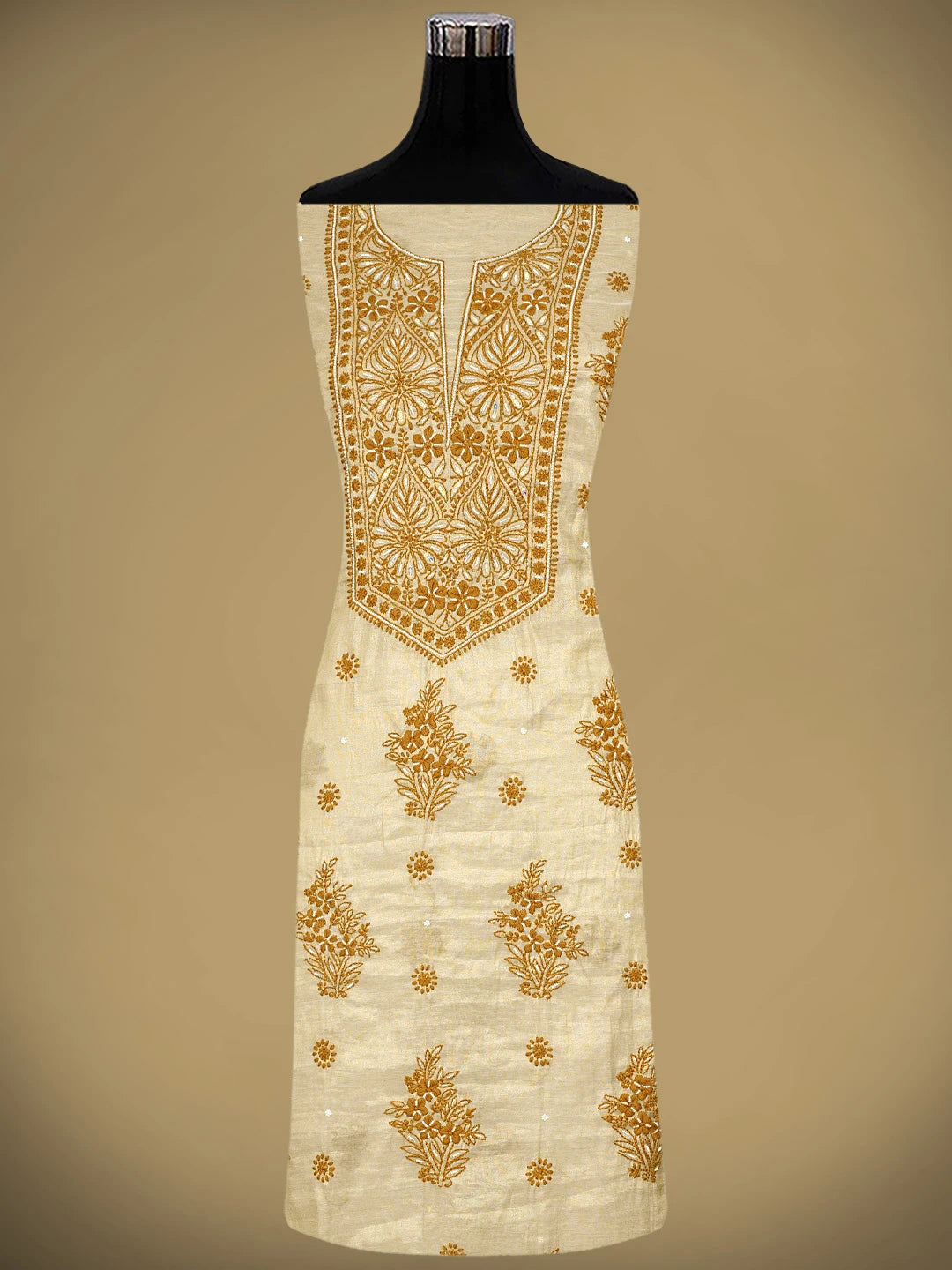 Ada Hand Embroidered Fawn Tissue Lucknowi Chikankari Unstitched Kurta Dupatta Set With Cutdana Work 01A897566