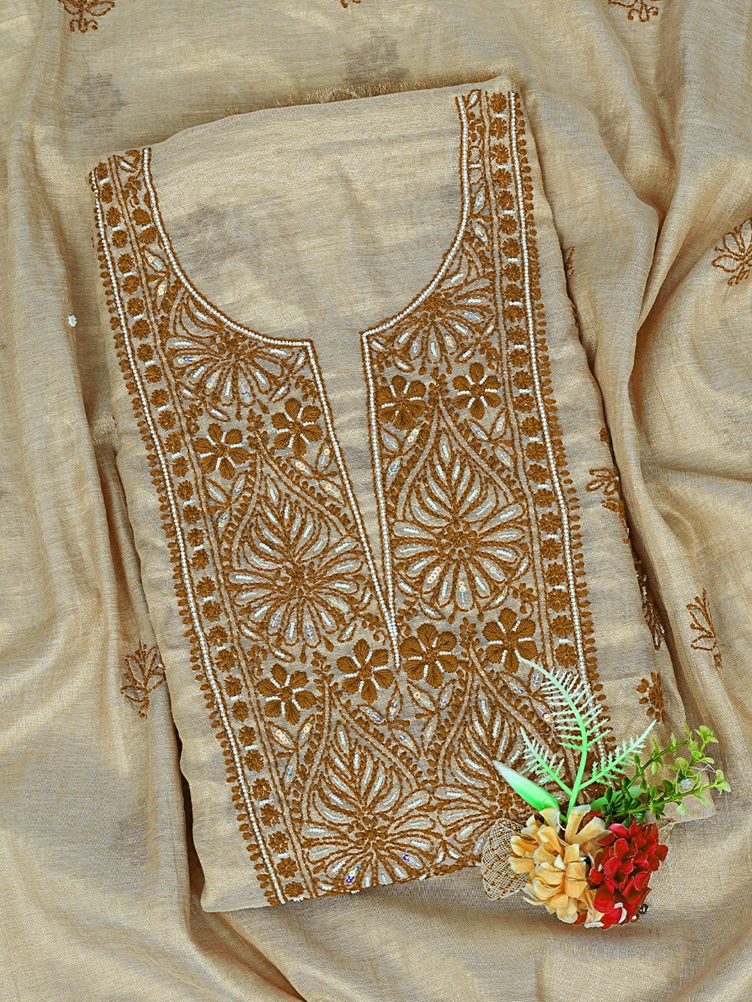 Ada Hand Embroidered Fawn Tissue Lucknowi Chikankari Unstitched Kurta Dupatta Set With Cutdana Work 01A897566