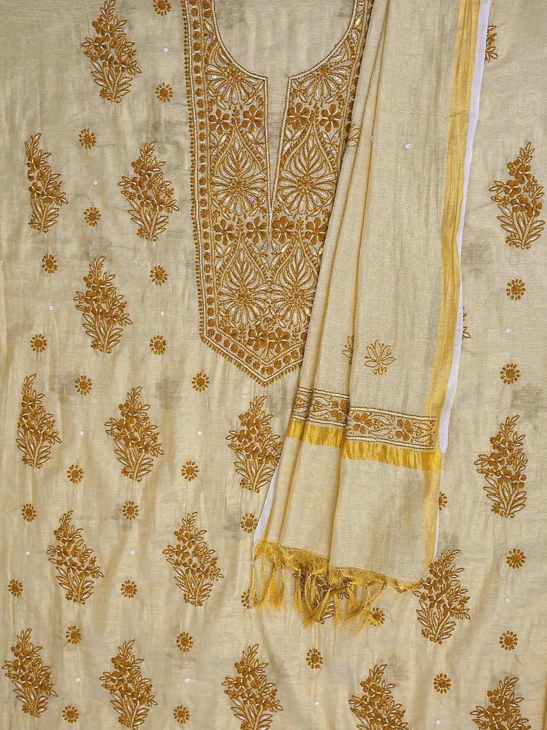 Ada Hand Embroidered Fawn Tissue Lucknowi Chikankari Unstitched Kurta Dupatta Set With Cutdana Work 01A897566