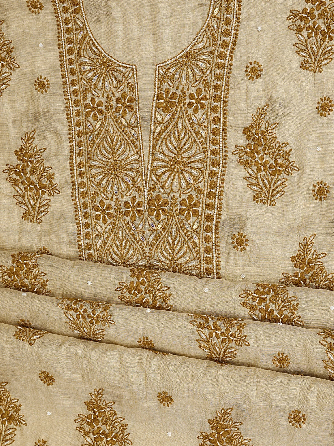 Ada Hand Embroidered Fawn Tissue Lucknowi Chikankari Unstitched Kurta Dupatta Set With Cutdana Work 01A897566