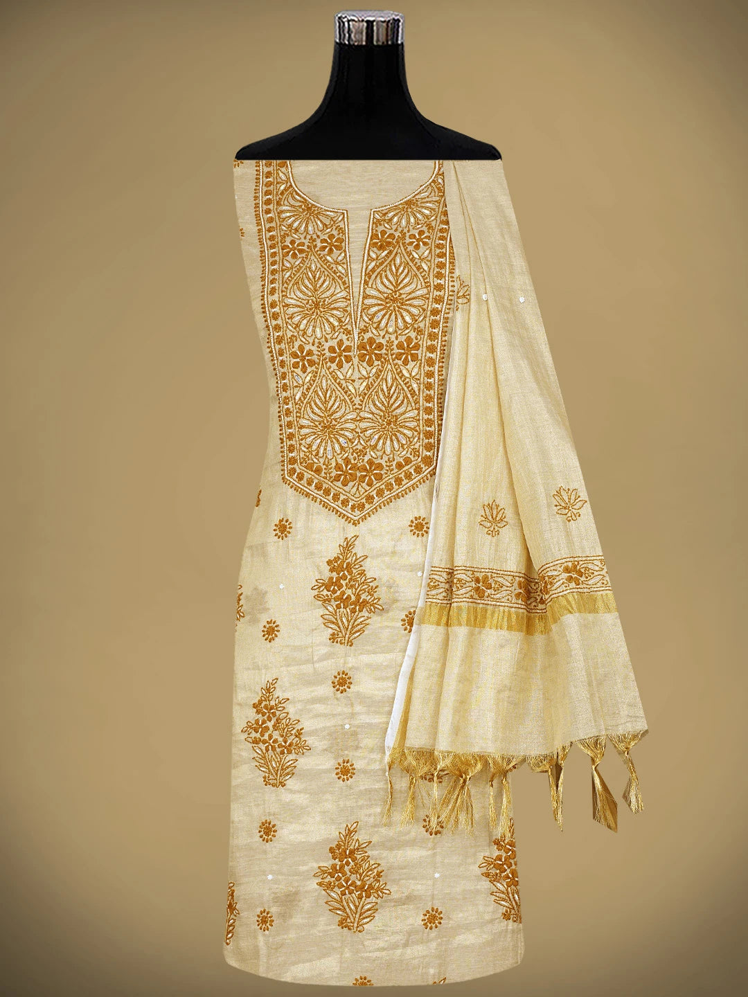 Ada Hand Embroidered Fawn Tissue Lucknowi Chikankari Unstitched Kurta Dupatta Set With Cutdana Work 01A897566