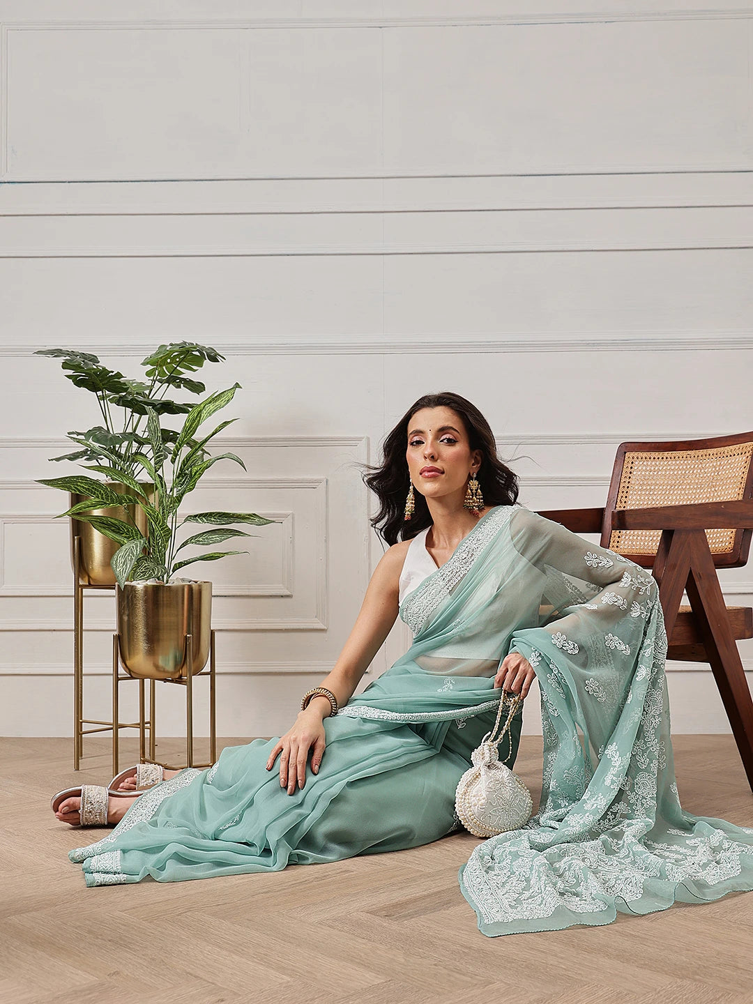 Ada Hand Embroidered Green Georgette Lucknowi Chikankari Saree and Blouse A311386