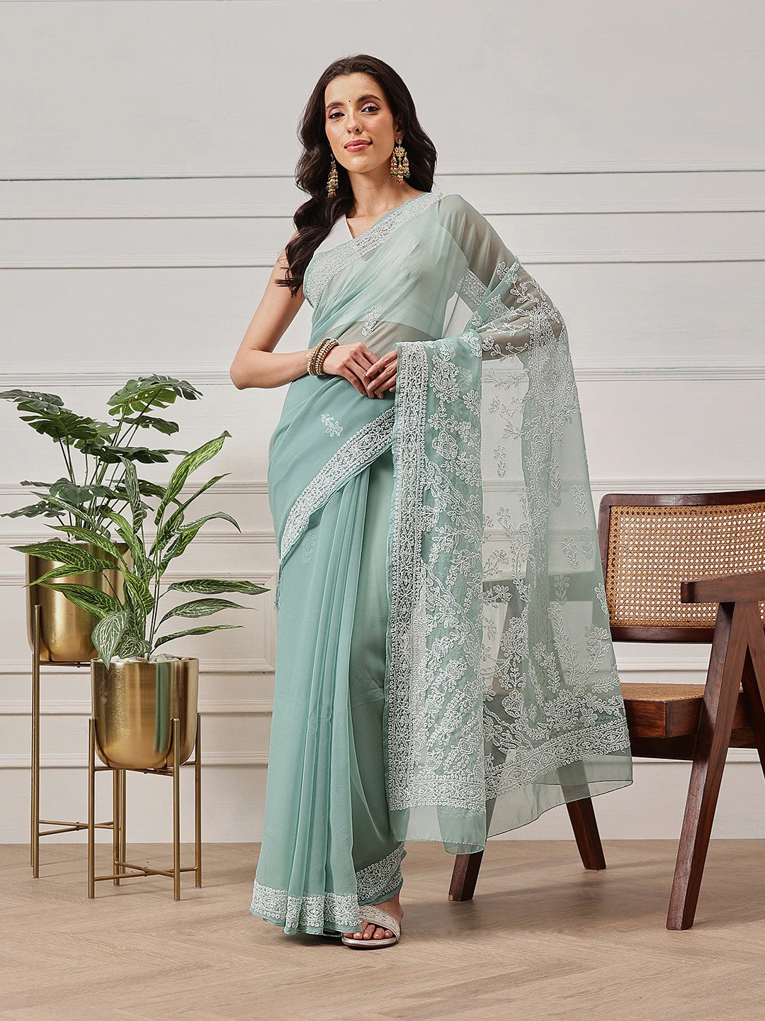 Ada Hand Embroidered Green Georgette Lucknowi Chikankari Saree and Blouse A311386