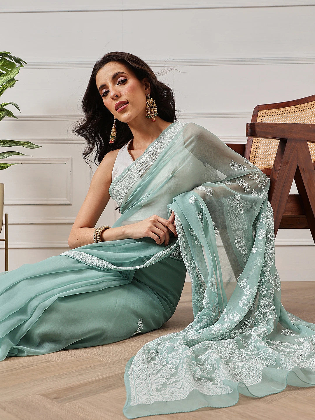 Ada Hand Embroidered Green Georgette Lucknowi Chikankari Saree and Blouse A311386
