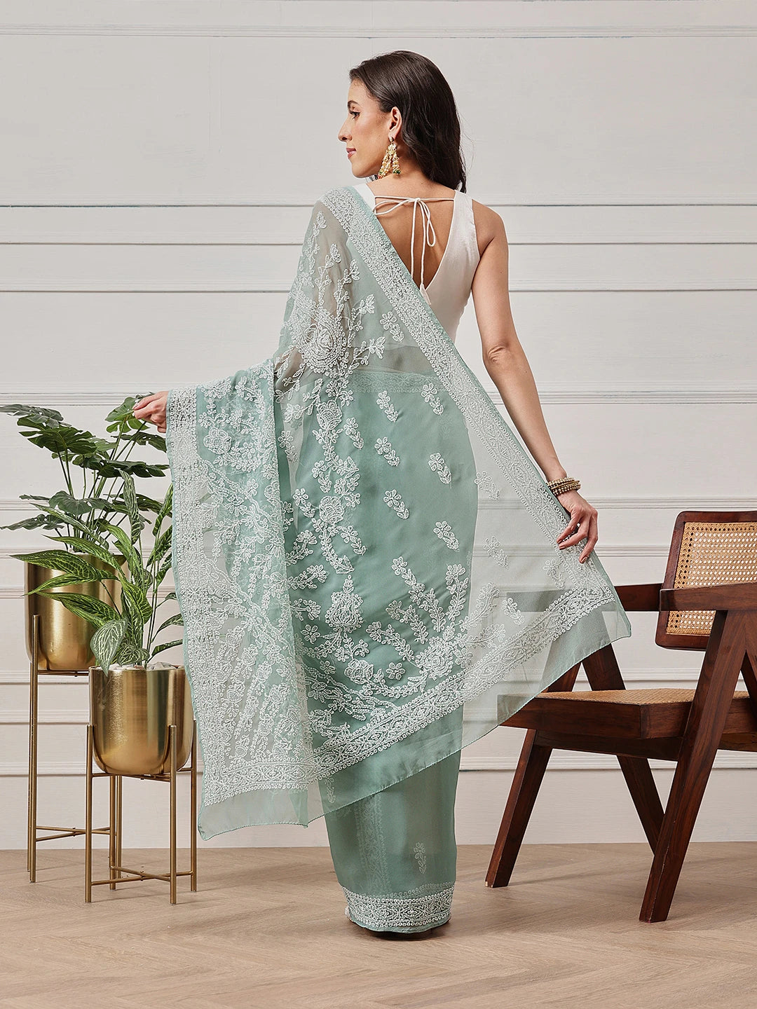 Ada Hand Embroidered Green Georgette Lucknowi Chikankari Saree and Blouse A311386