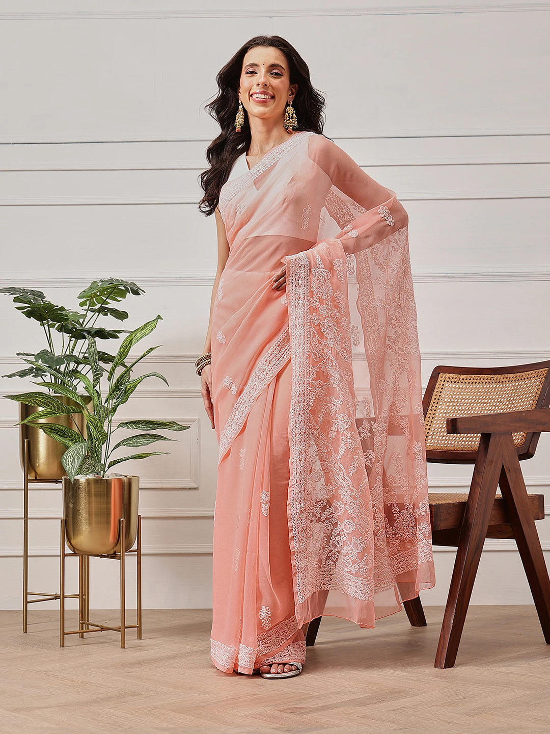 Ada Hand Embroidered Peach Georgette Lucknowi Chikankari Saree and Blouse A311388