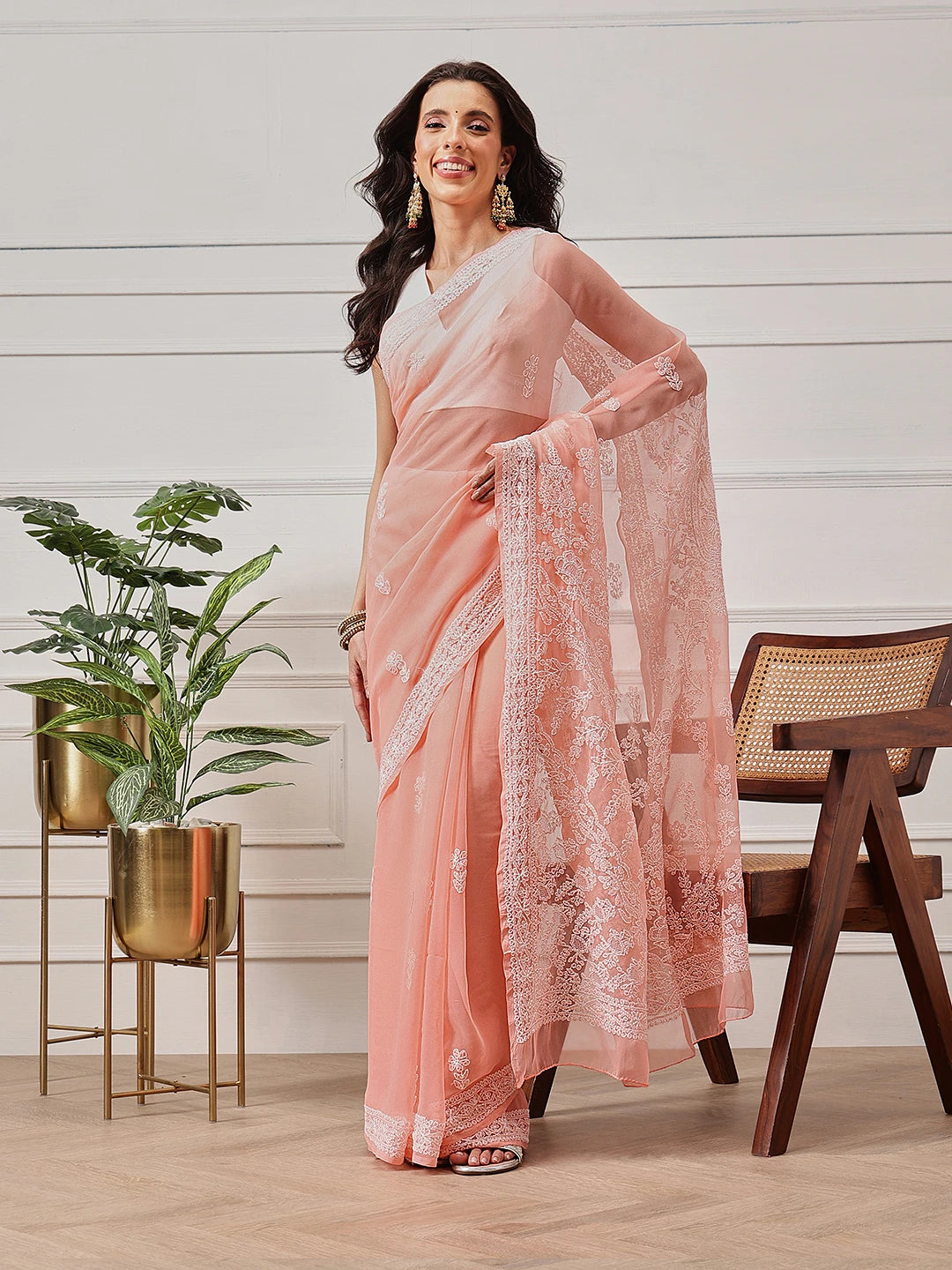 Ada Hand Embroidered Peach Georgette Lucknowi Chikankari Saree and Blouse A311388