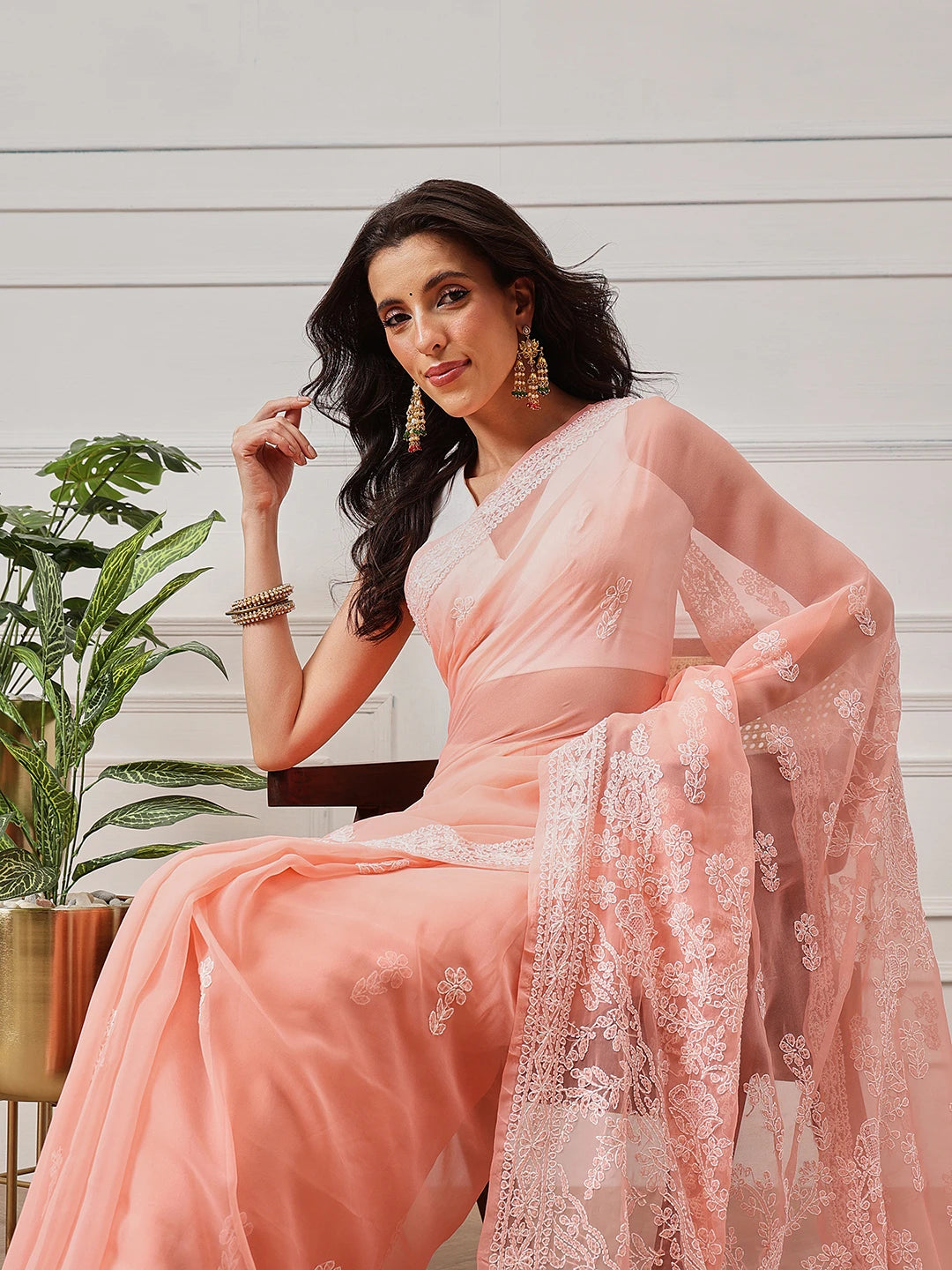 Ada Hand Embroidered Peach Georgette Lucknowi Chikankari Saree and Blouse A311388