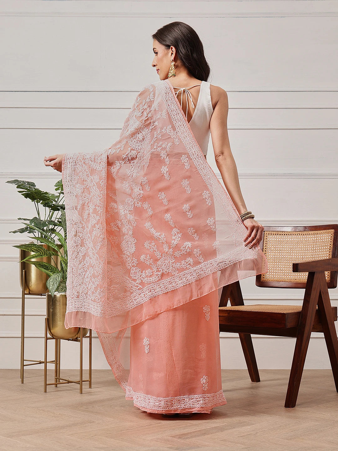 Ada Hand Embroidered Peach Georgette Lucknowi Chikankari Saree and Blouse A311388