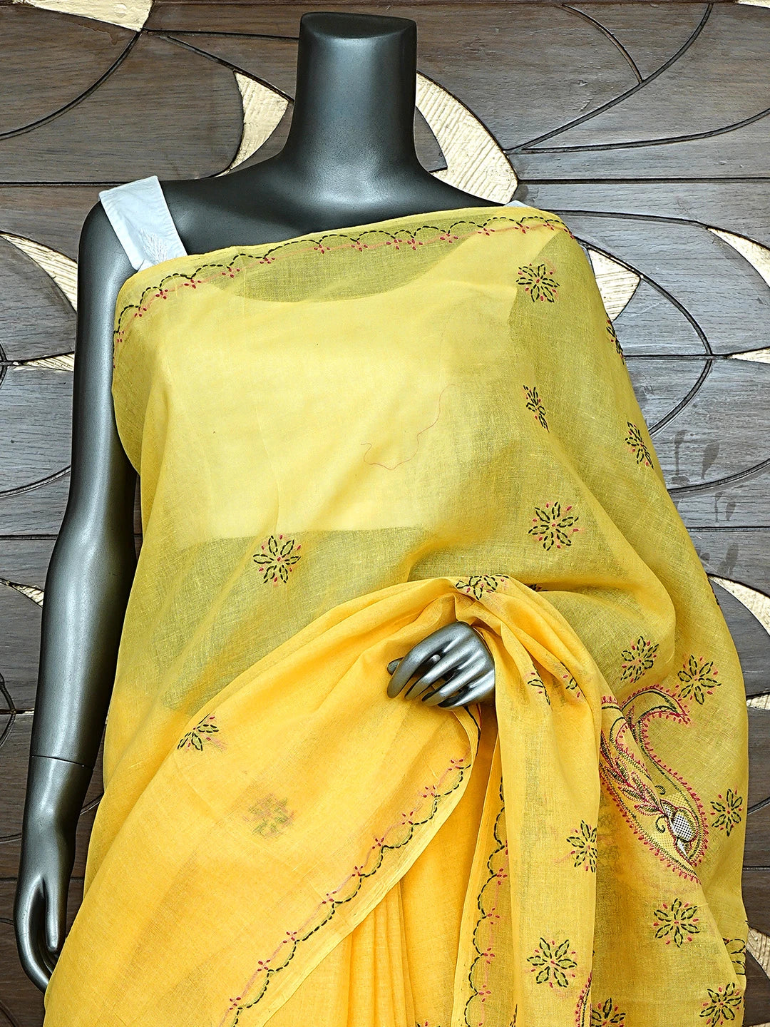 Ada Hand Embroidered Yellow Cotton Lucknowi Chikankari Saree and Blouse 01A891782