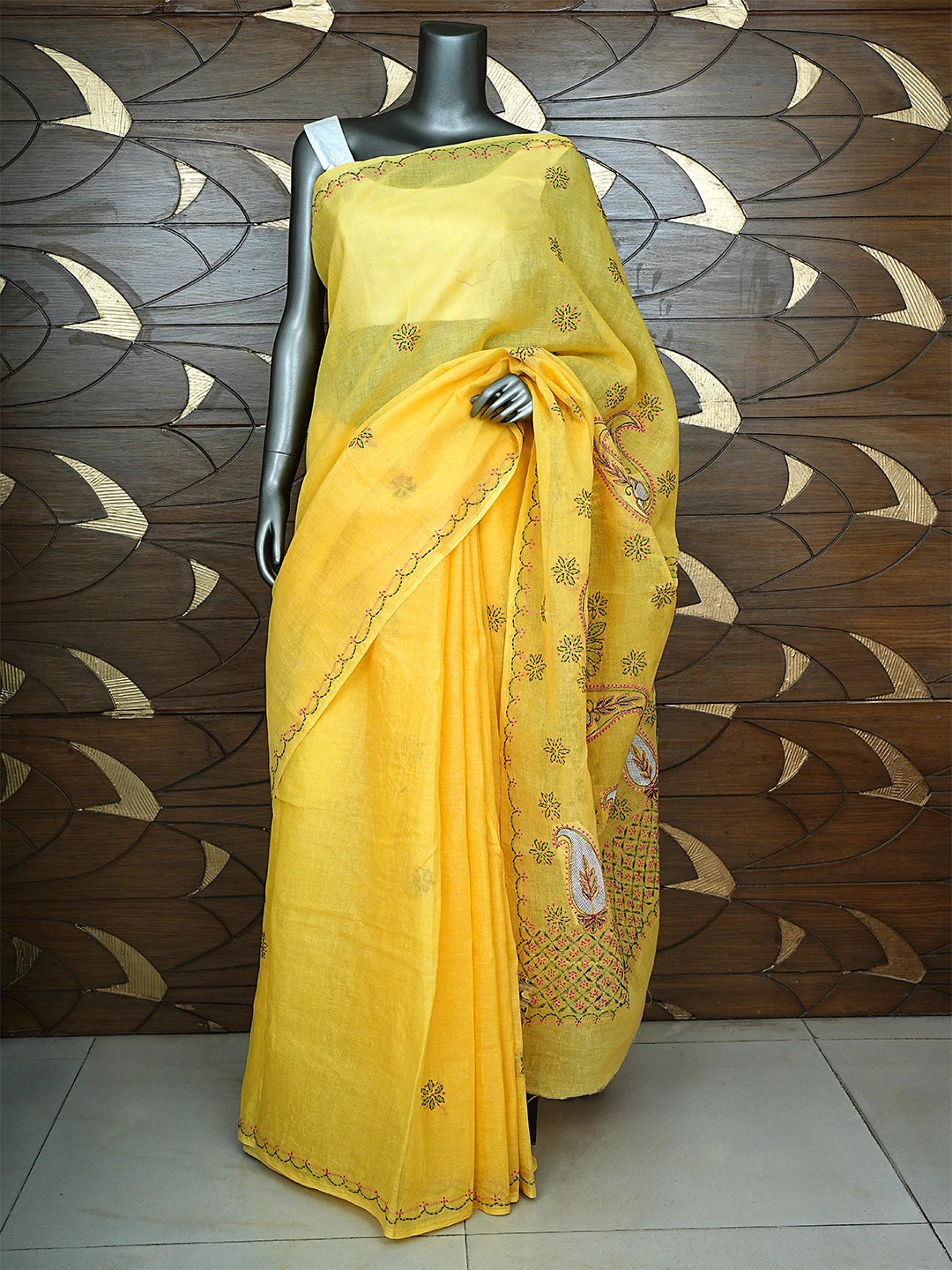 Ada Hand Embroidered Yellow Cotton Lucknowi Chikankari Saree and Blouse 01A891782