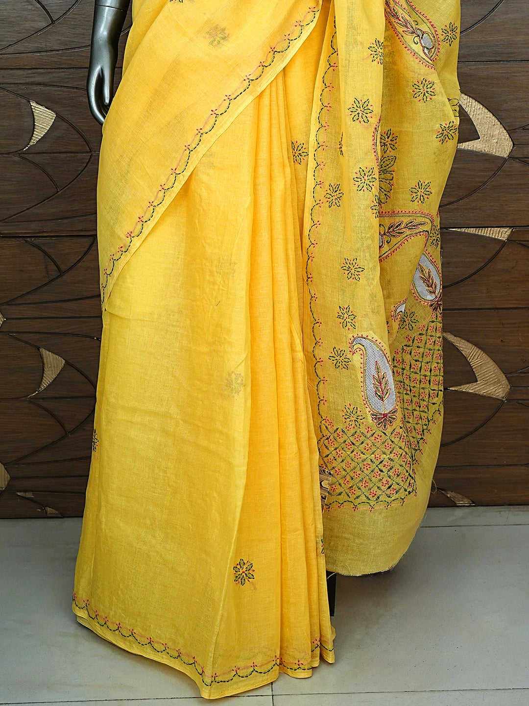 Ada Hand Embroidered Yellow Cotton Lucknowi Chikankari Saree and Blouse 01A891782