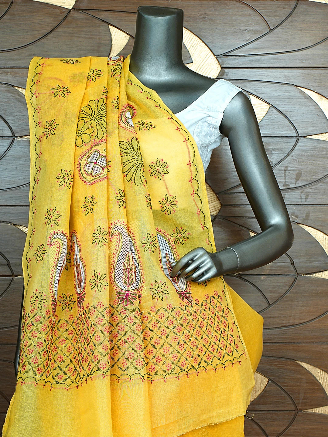 Ada Hand Embroidered Yellow Cotton Lucknowi Chikankari Saree and Blouse 01A891782