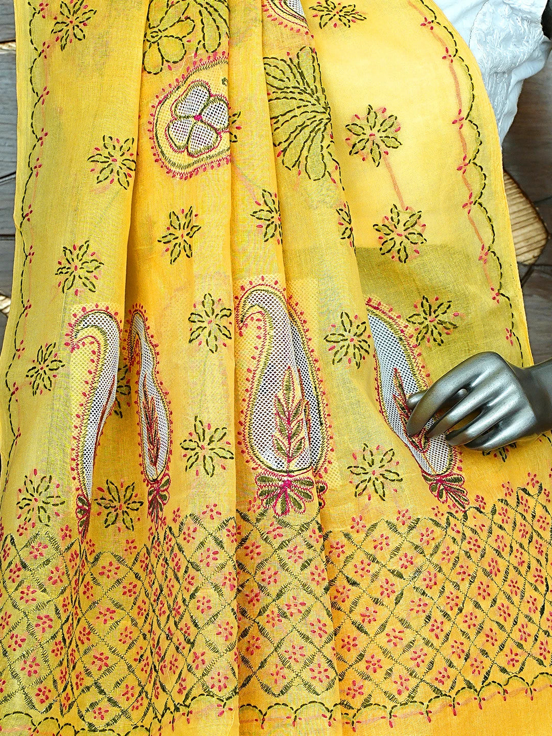Ada Hand Embroidered Yellow Cotton Lucknowi Chikankari Saree and Blouse 01A891782