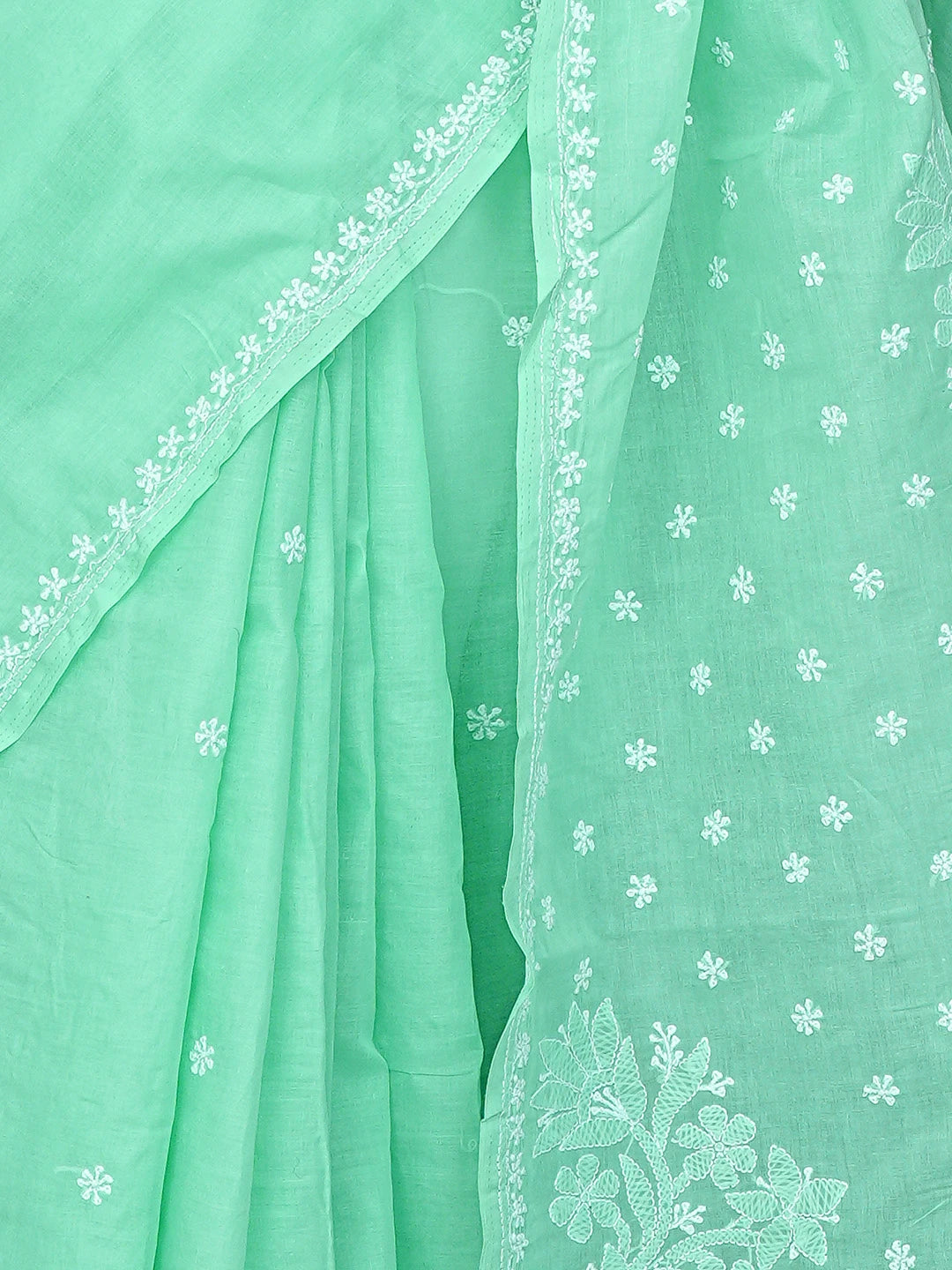 Ada Hand Embroidered Sea Green Cotton Lucknowi Chikankari Saree and Blouse 01A873423