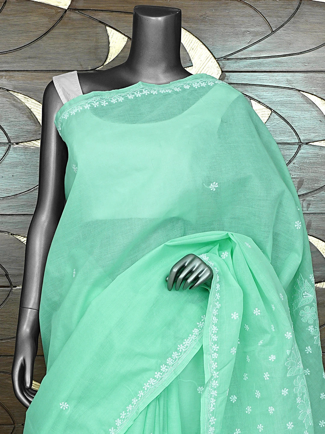 Ada Hand Embroidered Sea Green Cotton Lucknowi Chikankari Saree and Blouse 01A873423