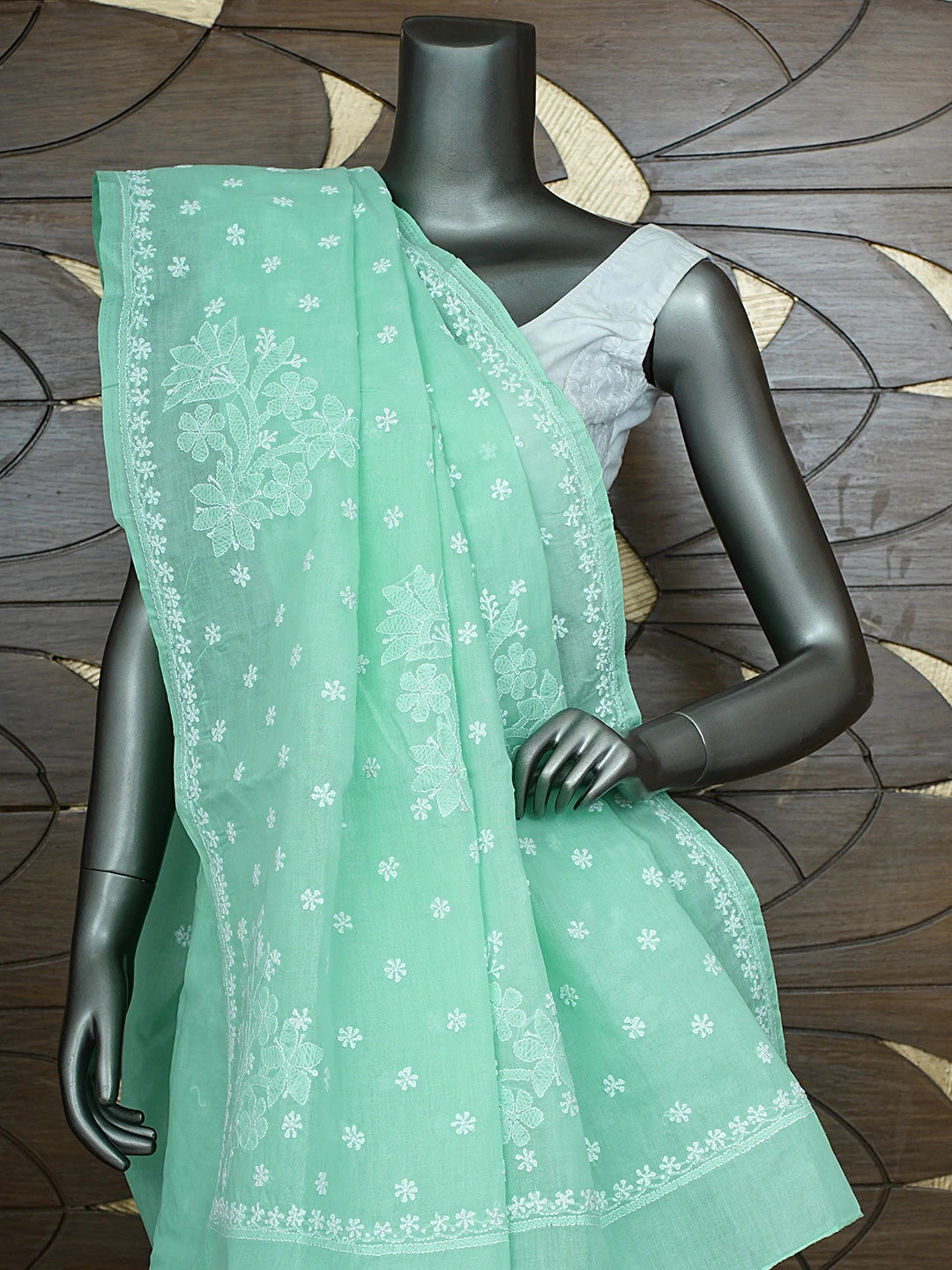 Ada Hand Embroidered Sea Green Cotton Lucknowi Chikankari Saree and Blouse 01A873423