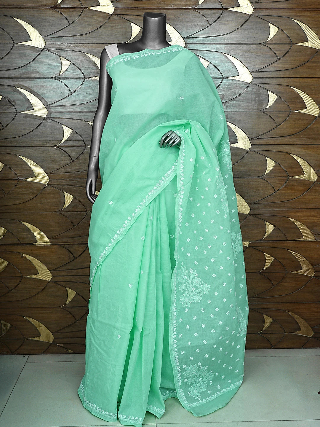 Ada Hand Embroidered Sea Green Cotton Lucknowi Chikankari Saree and Blouse 01A873423
