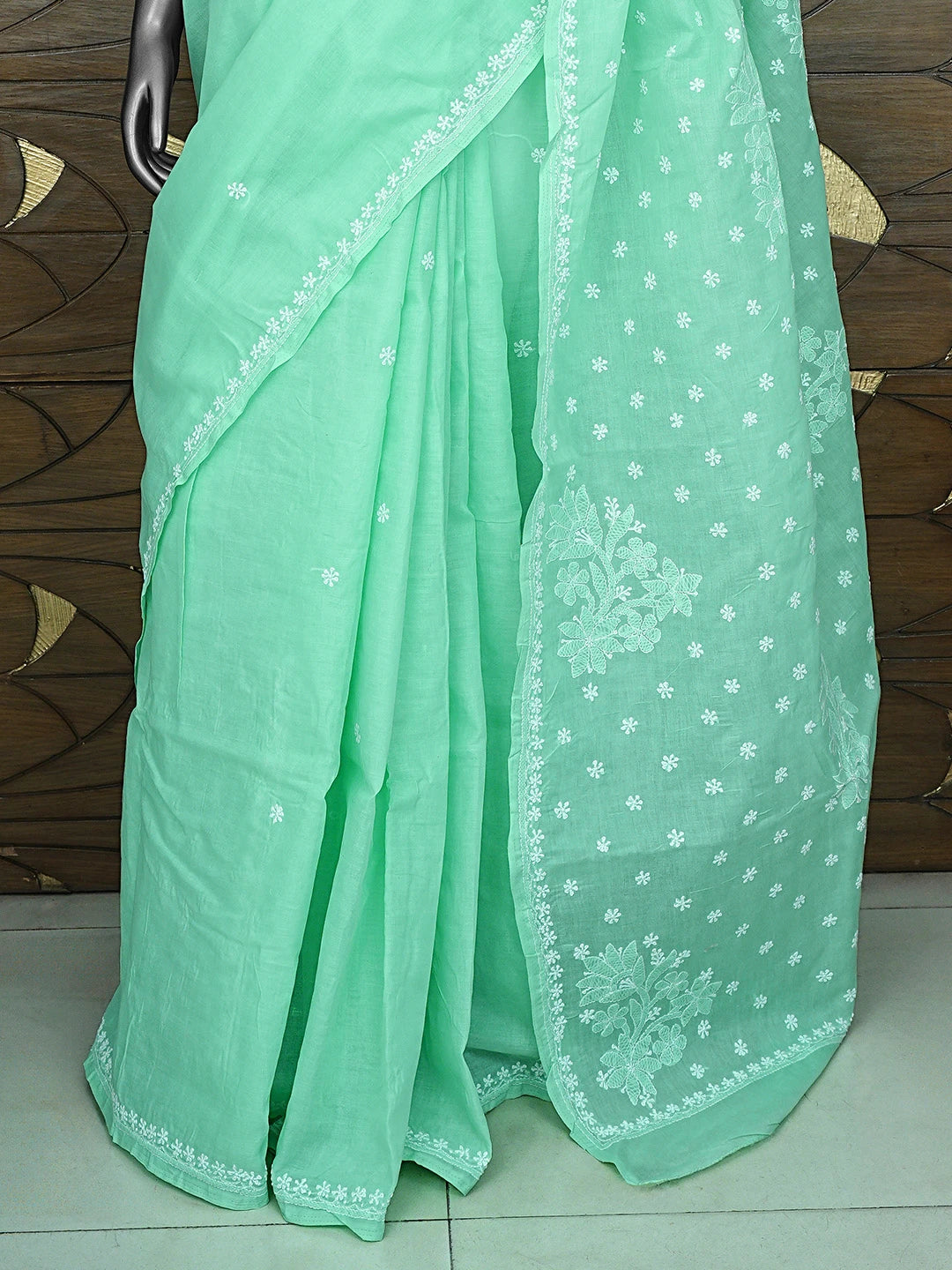 Ada Hand Embroidered Sea Green Cotton Lucknowi Chikankari Saree and Blouse 01A873423