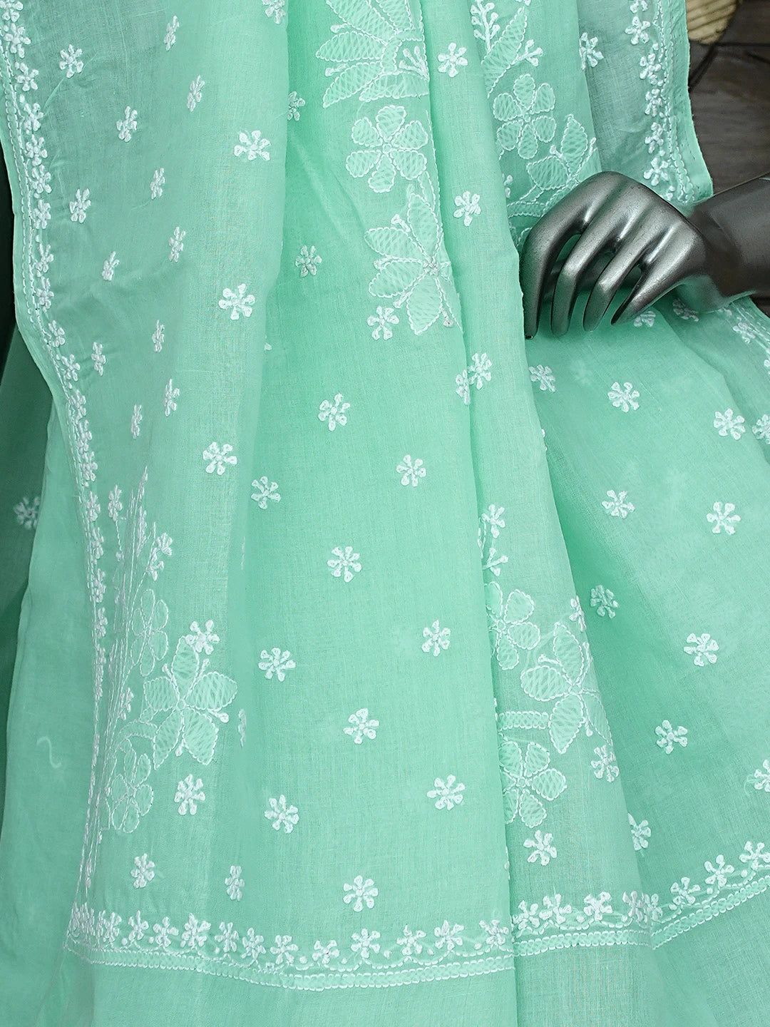 Ada Hand Embroidered Sea Green Cotton Lucknowi Chikankari Saree and Blouse 01A873423