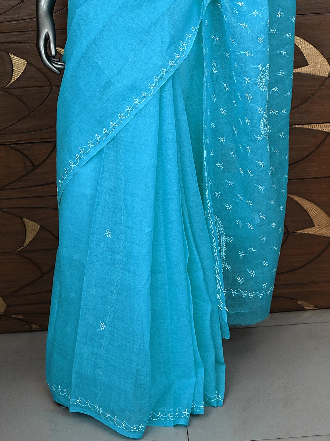 Ada Hand Embroidered Blue Cotton Lucknowi Chikankari Saree and Blouse 01A854451