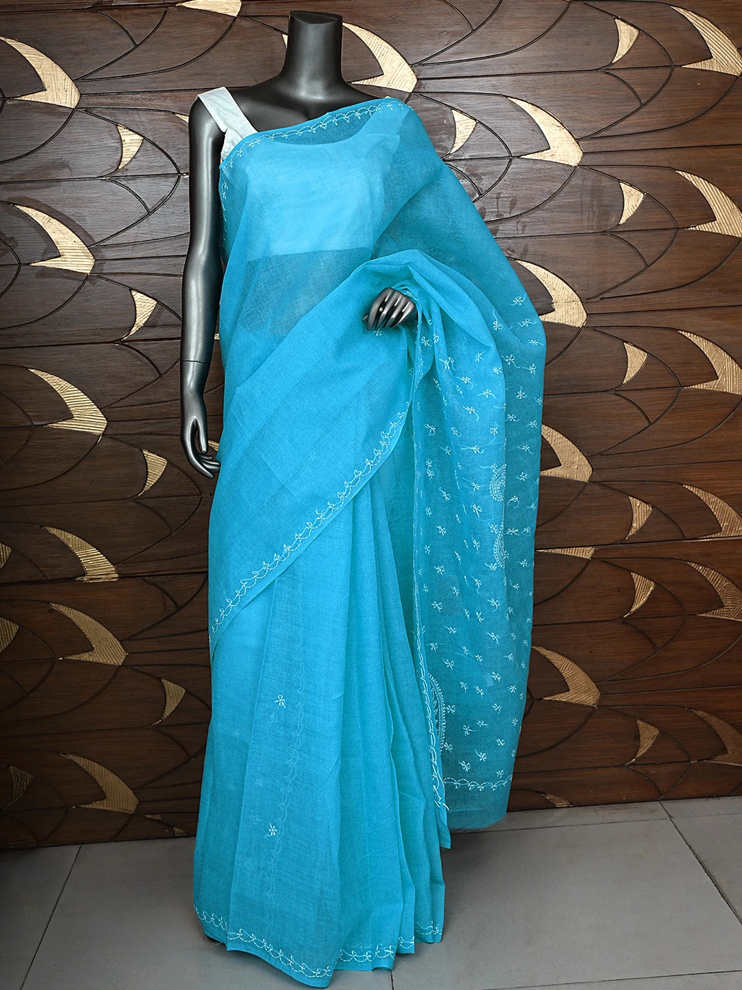 Ada Hand Embroidered Blue Cotton Lucknowi Chikankari Saree and Blouse 01A854451
